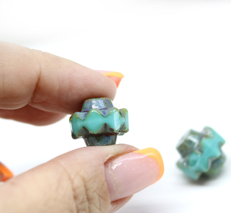 13x15mm Turquoise green picasso crown czech glass fire polished large bicones 2pc