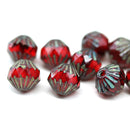 9mm Red picasso czech glass bicone fire polished beads, 10Pc