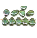 13x10mm Large flat green picasso puffy drops czech glass beads 10Pc