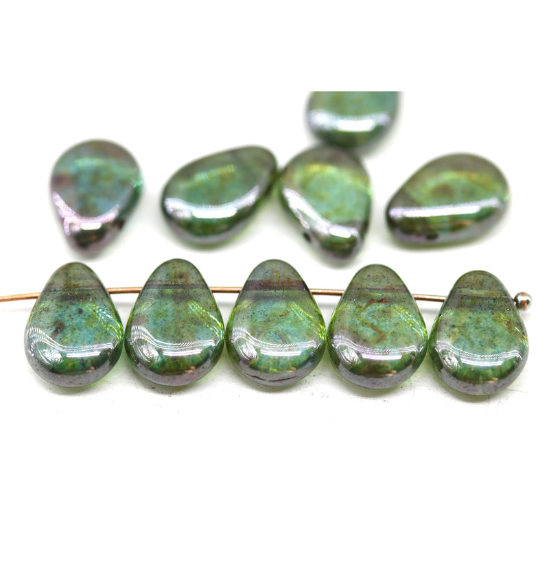 13x10mm Large flat green picasso puffy drops czech glass beads 10Pc