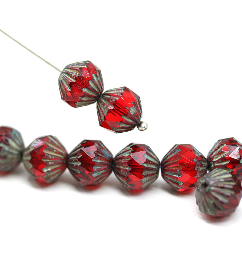 9mm Red picasso czech glass bicone fire polished beads, 10Pc