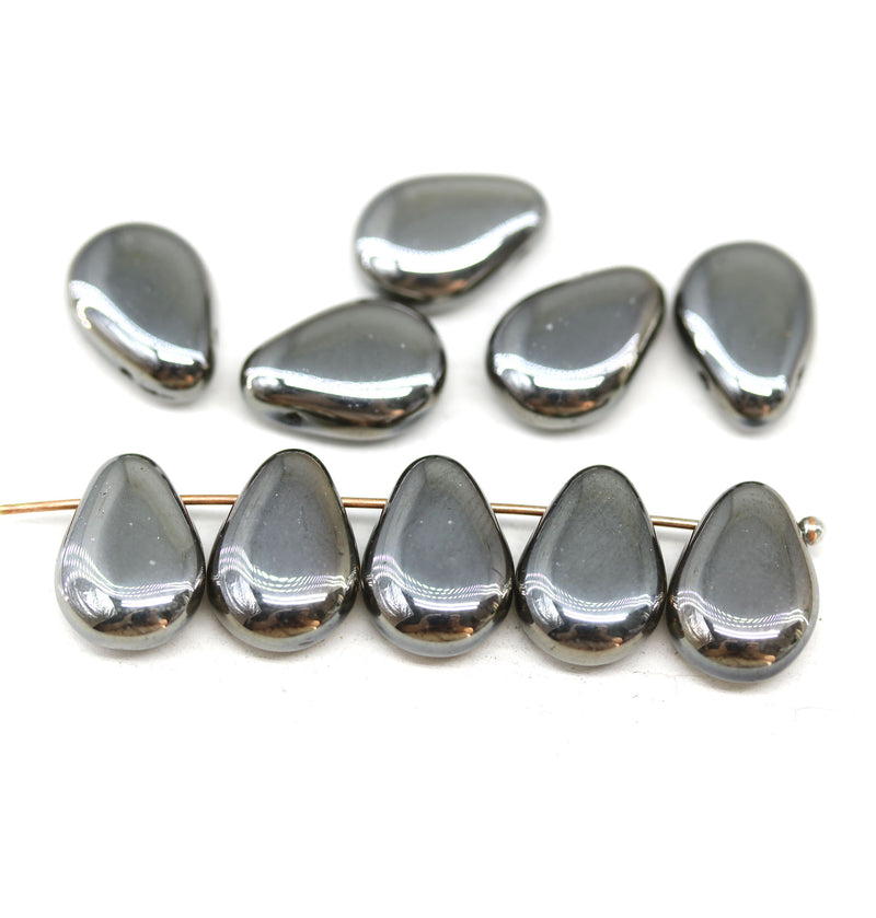 13x10mm Large flat gunmetal black puffy drops czech glass beads 10Pc