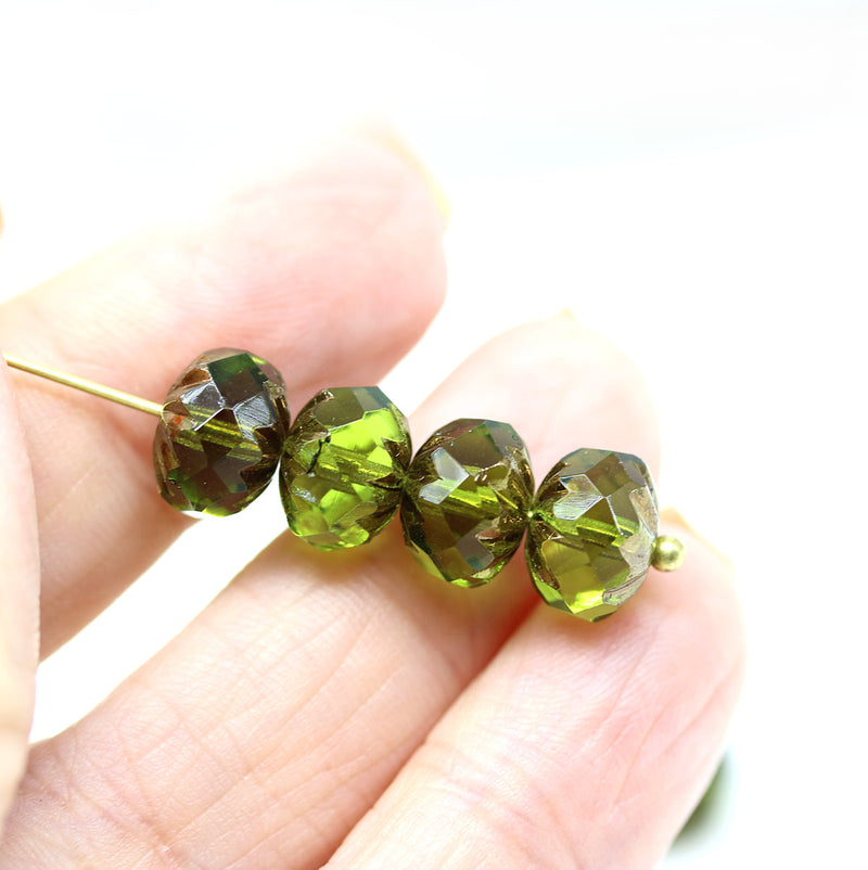 7x10mm Olivine bronze crueller rondelle Czech glass beads - 8Pc