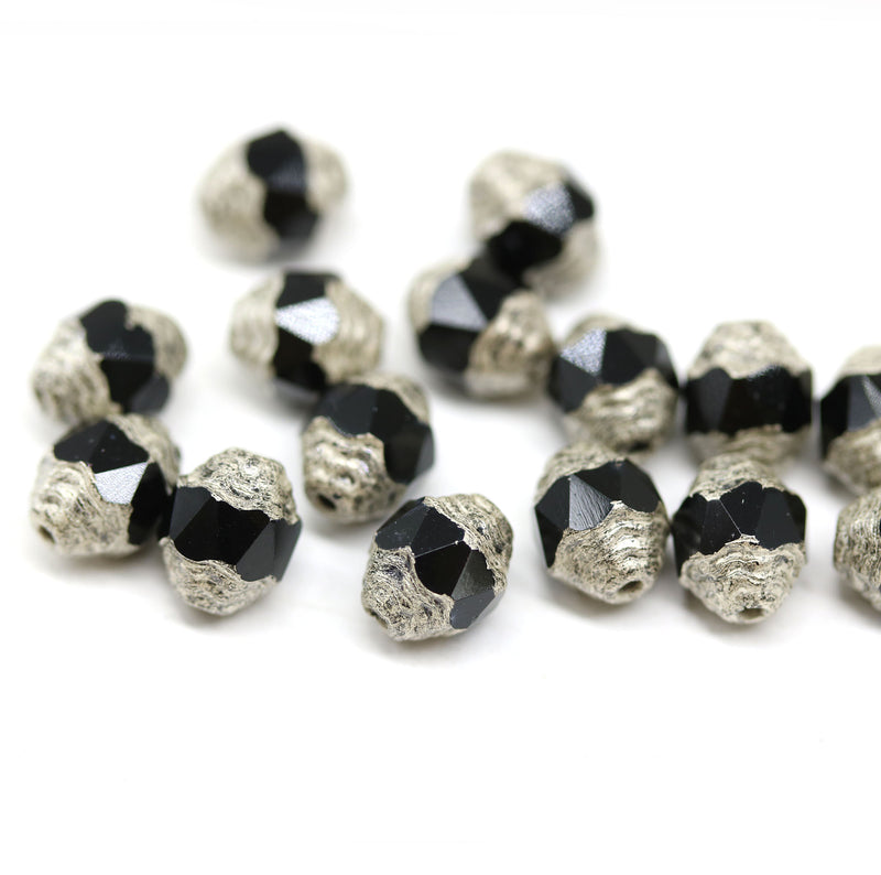8x6mm Black cathedral silver ends czech glass barrel Fire polished beads, 15Pc