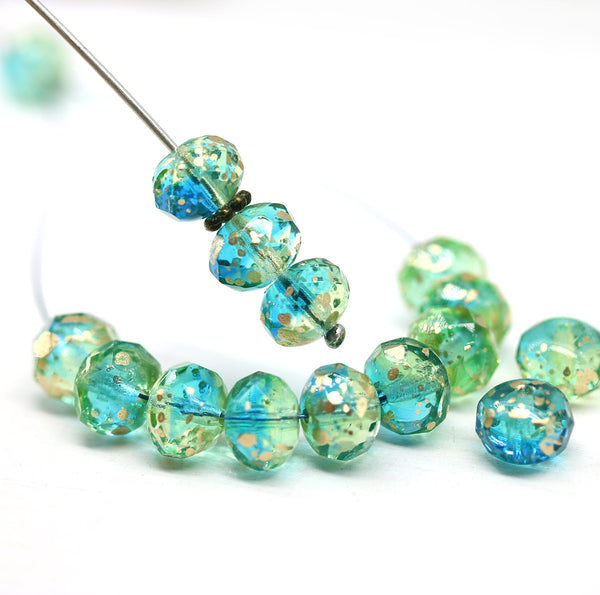 6x9mm Blue green Czech glass rondelle beads - 15Pc