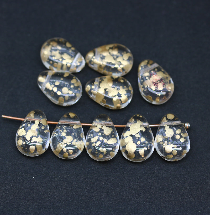 13x10mm Large flat golden flakes puffy drops czech glass beads 10Pc