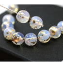 10mm Opal white round druk Czech glass pressed beads golden flakes - 8pc