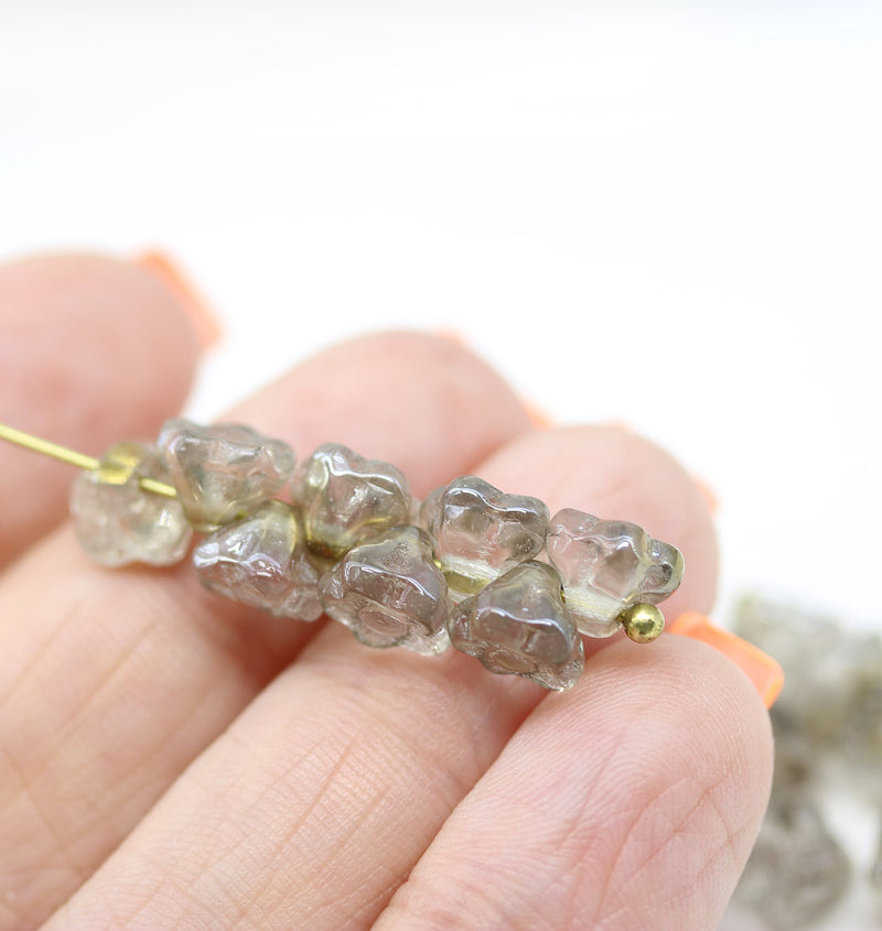 7mm Grey luster button style flower beads, 25pc
