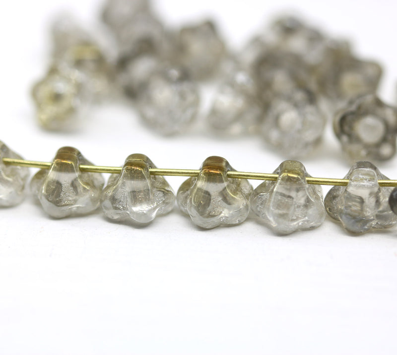 7mm Grey luster button style flower beads, 25pc