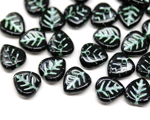 9mm Black heart shaped triangle leaf czech glass, 30pc