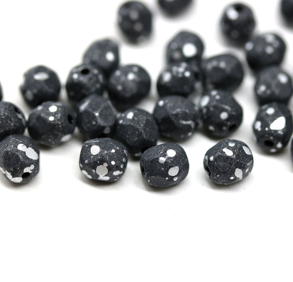 6mm Matte black round fire polished czech glass beads silver flakes, 30Pc