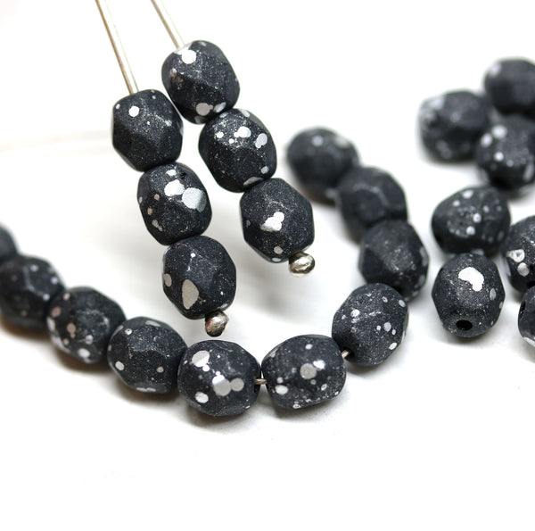 6mm Matte black round fire polished czech glass beads silver flakes, 30Pc