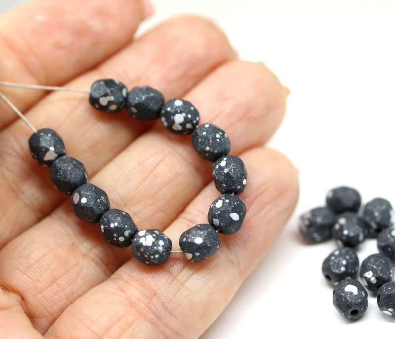 6mm Matte black round fire polished czech glass beads silver flakes, 30Pc