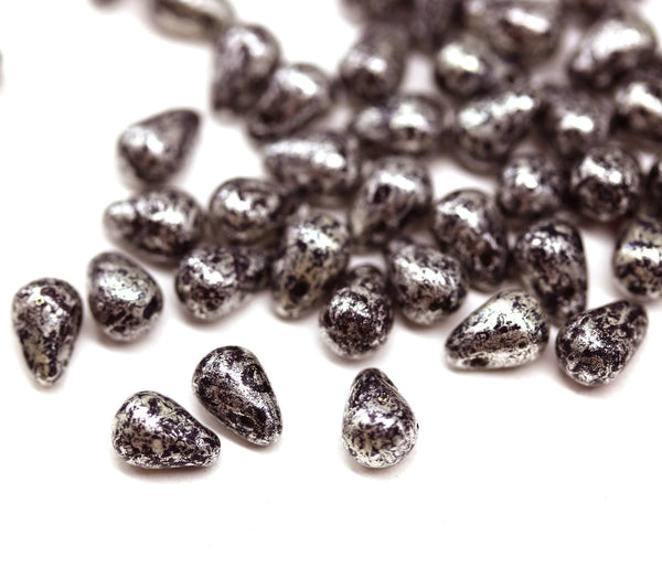 4x6mm Dark red silver wash teardrop Czech glass beads, 50Pc