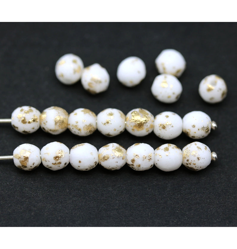 6mm Opaque white fire polished round czech glass beads, golden flakes, 20Pc