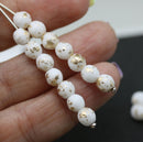 6mm Opaque white fire polished round czech glass beads, golden flakes, 20Pc