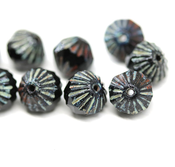 9mm Black picasso czech glass bicone fire polished beads, 10Pc