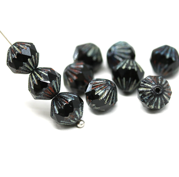9mm Black picasso czech glass bicone fire polished beads, 10Pc