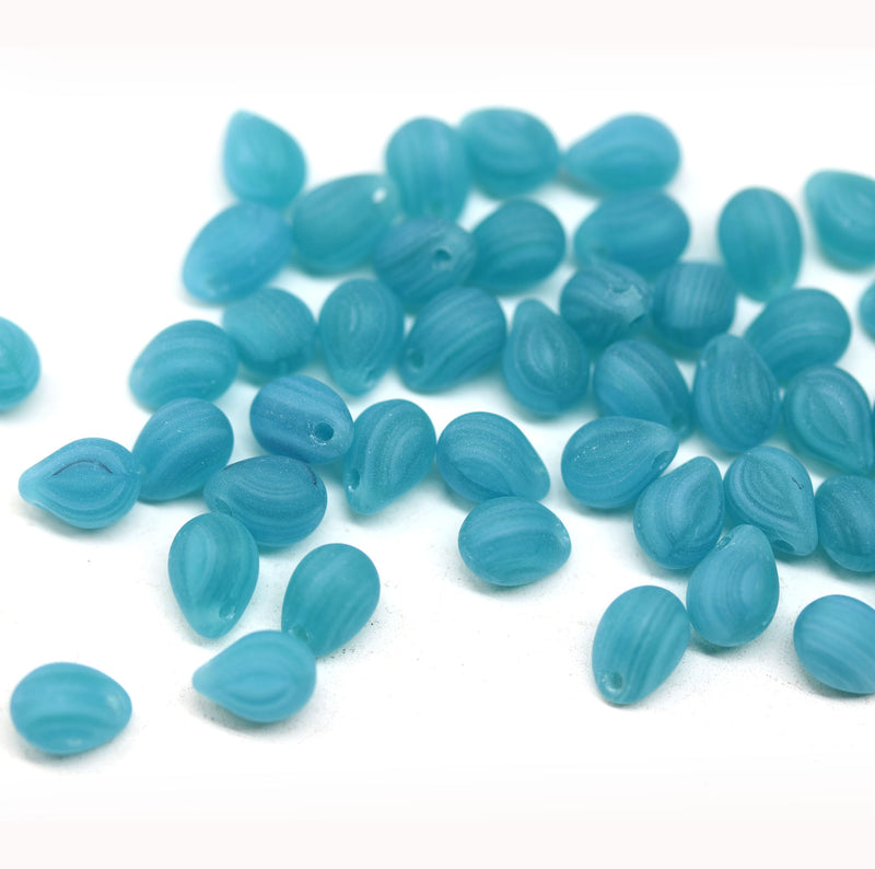 5x7mm Frosted sea blue glass drops, czech teardrop beads - 50pc