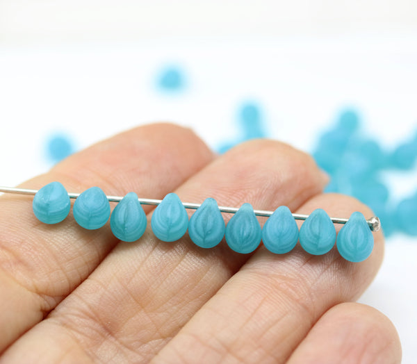 5x7mm Frosted sea blue glass drops, czech teardrop beads - 50pc