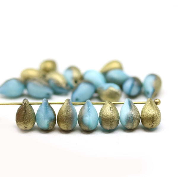 6x9mm Blue gold Czech glass teardrop beads, 20pc