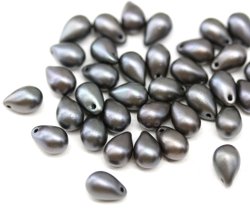 6x9mm Frosted metallic dark gray czech glass teardrop beads - 40pc