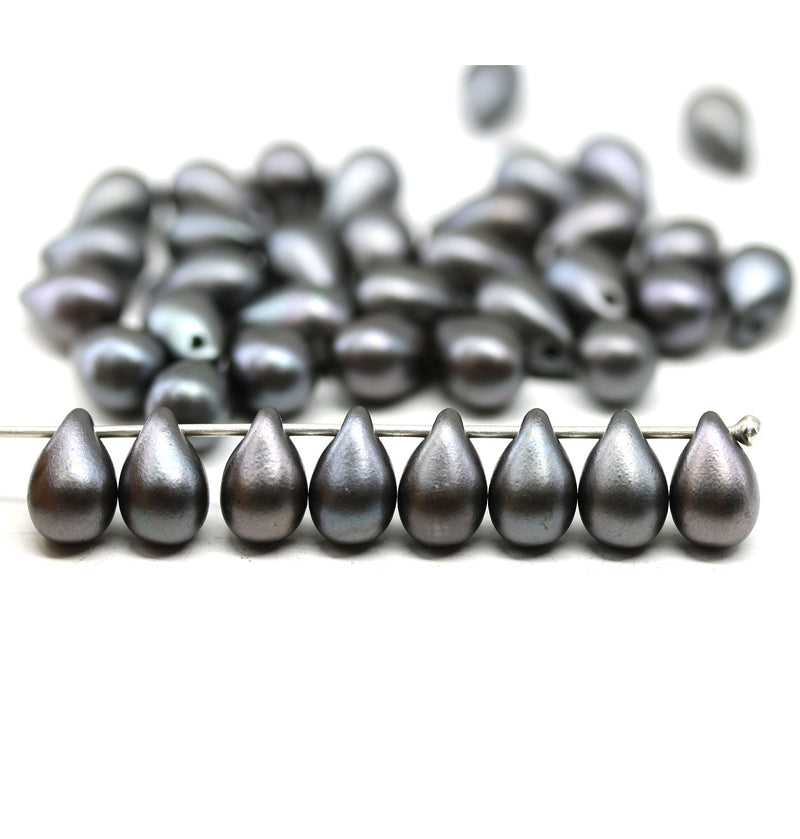 6x9mm Frosted metallic dark gray czech glass teardrop beads - 40pc