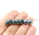 6x9mm Teal green czech glass teardrop beads, picasso finish - 20pc