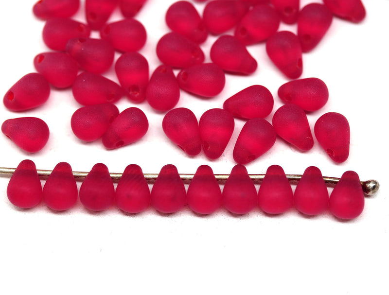 4x6mm Frosted red teardrop Czech glass beads, 50Pc