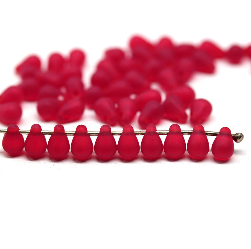4x6mm Frosted red teardrop Czech glass beads, 50Pc
