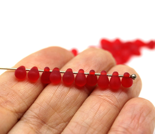 4x6mm Frosted red teardrop Czech glass beads, 50Pc