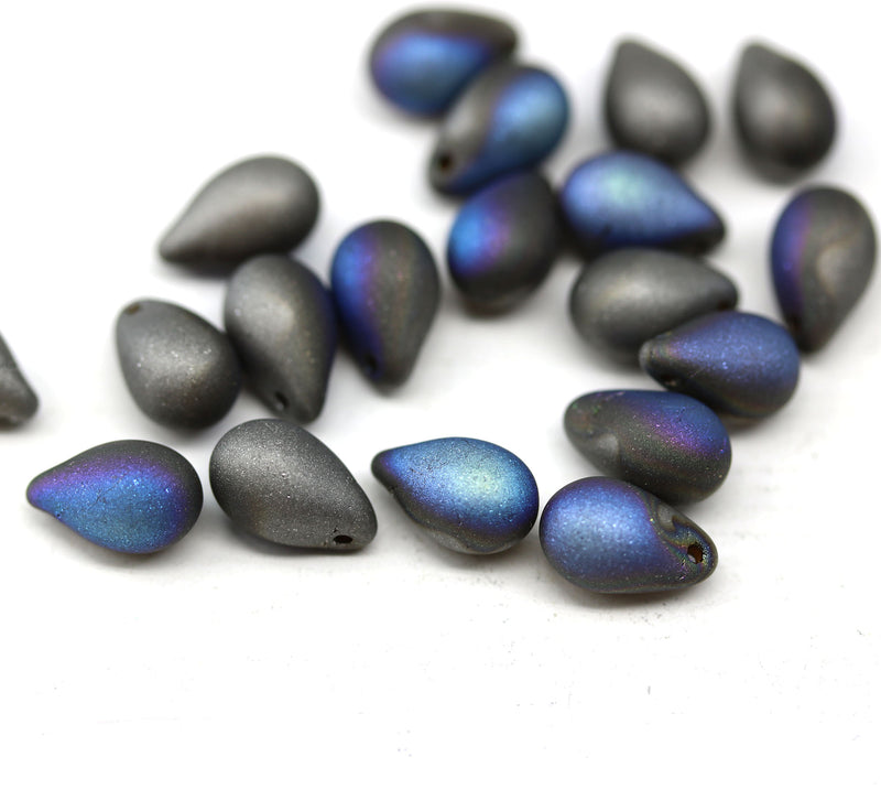 6x9mm Frosted metallic blue gray czech glass teardrop beads - 20pc