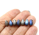 6x9mm Frosted metallic blue gray czech glass teardrop beads - 20pc