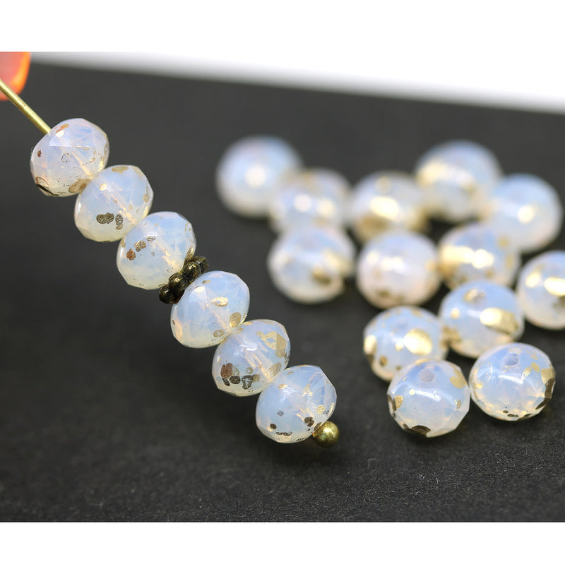 5x7mm Opal white gold flakes Czech glass rondelle spacers, 20pc