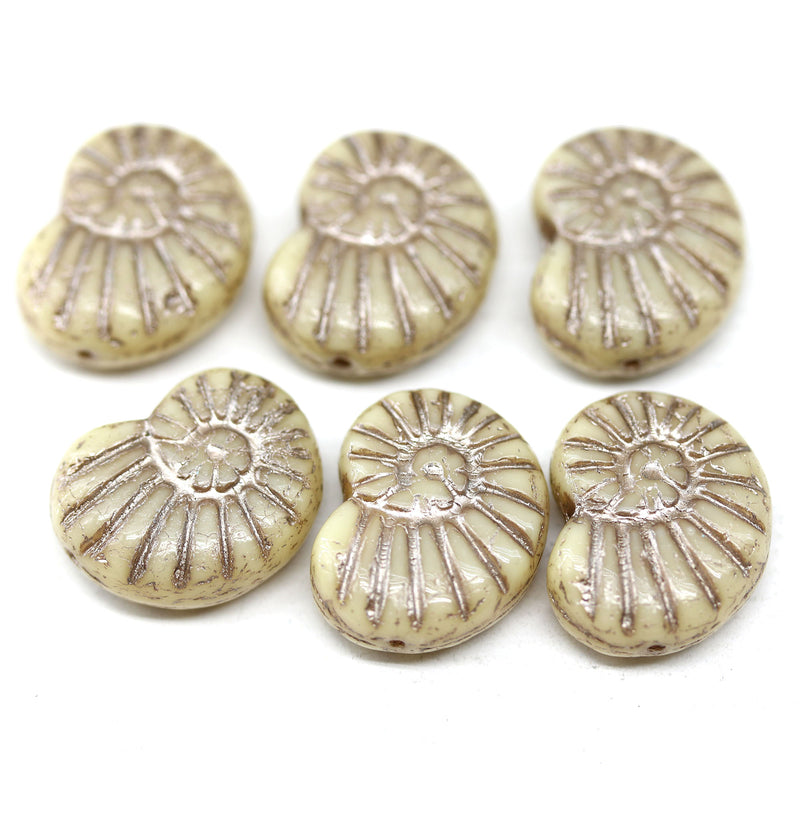 13x17mm Beige ammonite Czech glass beads, nautilus, 6pc