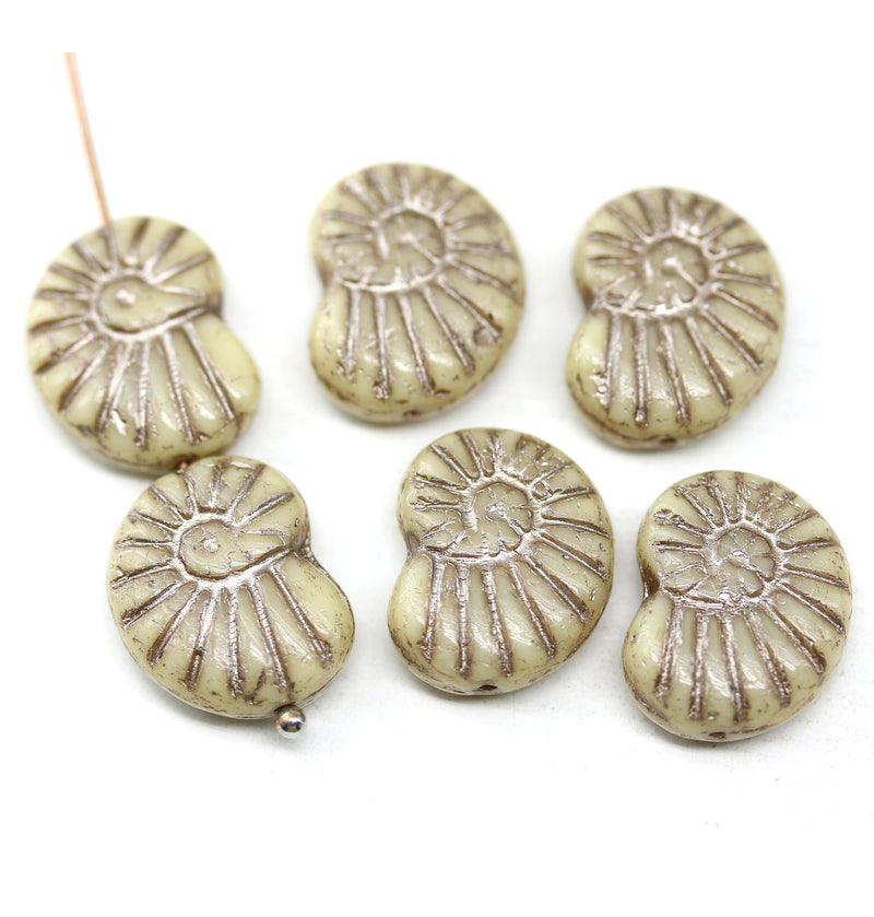 13x17mm Beige ammonite Czech glass beads, nautilus, 6pc