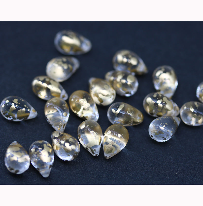 6x9mm Clear gold flakes czech glass teardrop beads, 20pc