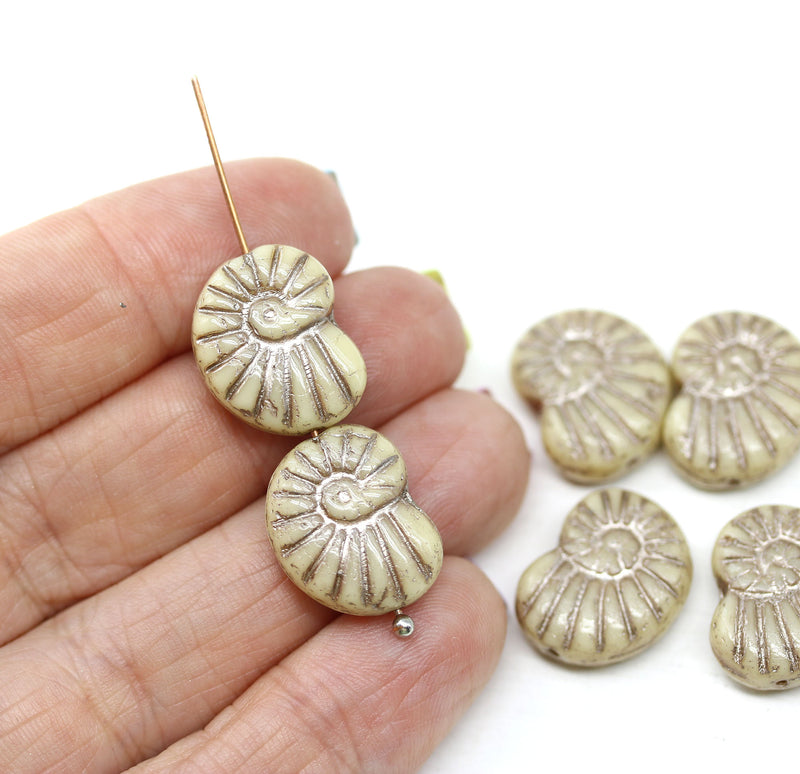 13x17mm Beige ammonite Czech glass beads, nautilus, 6pc