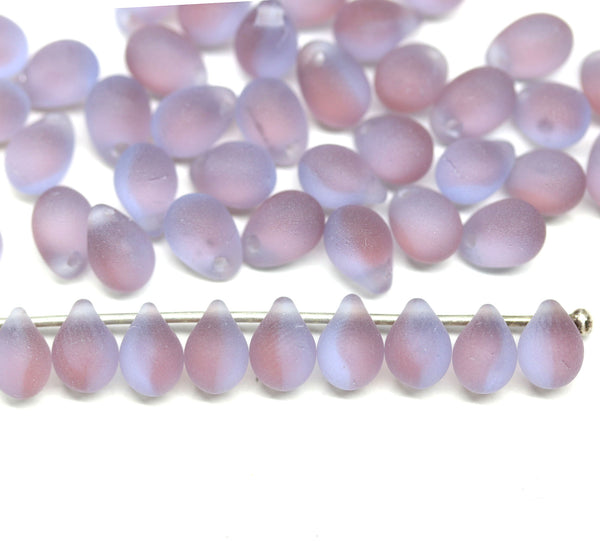 5x7mm Frosted blue purple teardrops czech glass beads, 50pc
