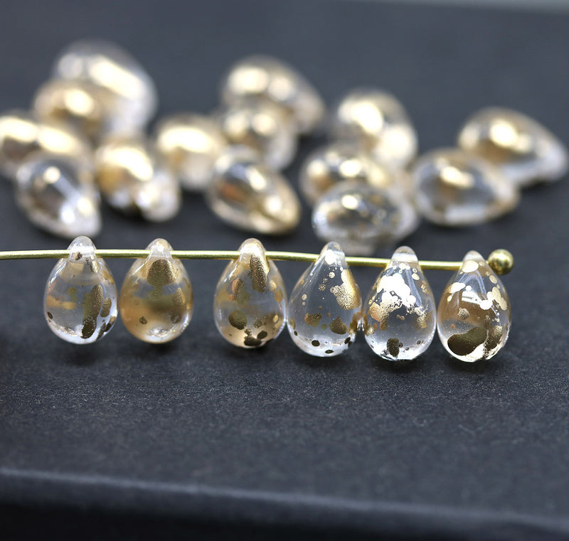 6x9mm Clear gold flakes czech glass teardrop beads, 20pc