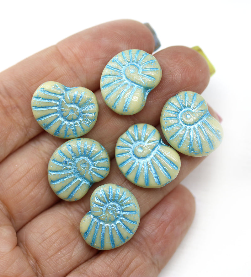 13x17mm Blue ammonite Czech glass beads, nautilus, 6pc