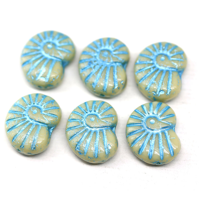 13x17mm Blue ammonite Czech glass beads, nautilus, 6pc