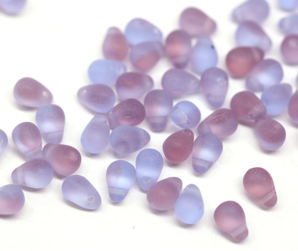4x6mm Frosted glass blue purple small drops czech teardrop beads 50Pc