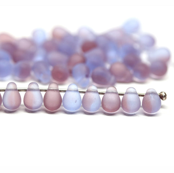 4x6mm Frosted glass blue purple small drops czech teardrop beads 50Pc