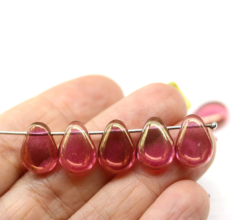 13x10mm Large flat pink puffy drops czech glass beads 10Pc