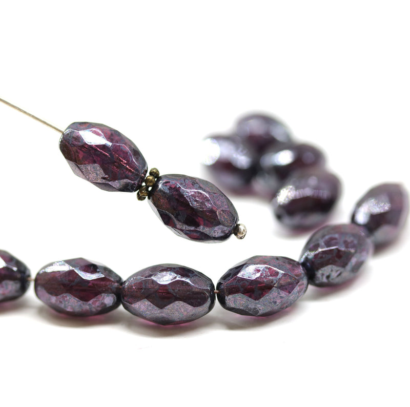 12x8mm Dark purple barrel Czech glass fire polished oval beads luster, 6Pc