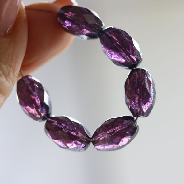 12x8mm Dark purple barrel Czech glass fire polished oval beads luster, 6Pc