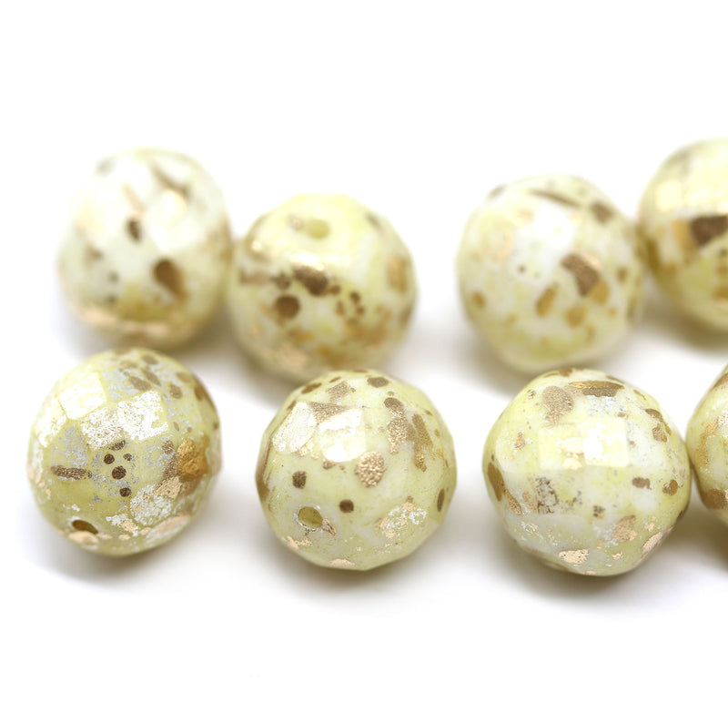 12mm Pale yellow gold flakes Czech Glass round fire polished beads 4pc