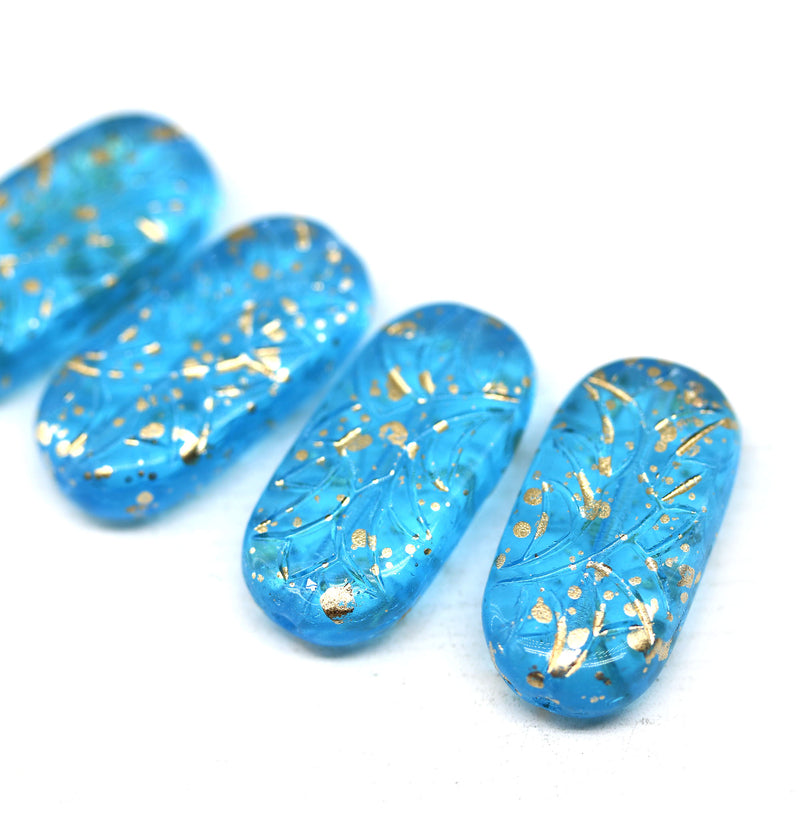 25x12mm Large oval aqua blue flat czech glass beads with ornament - 4pc