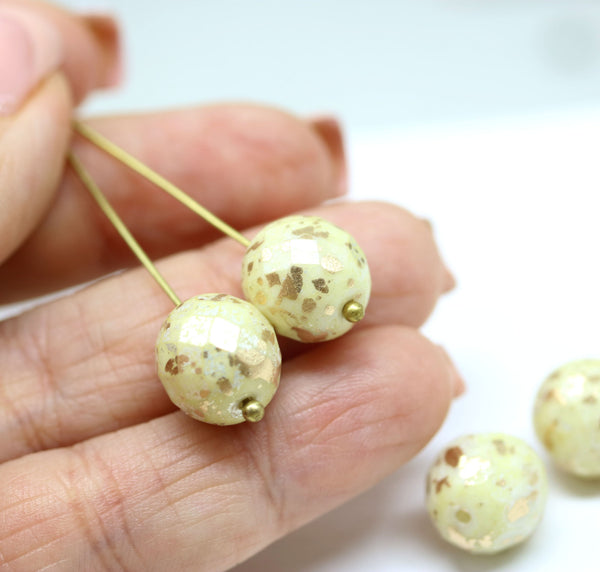 12mm Pale yellow gold flakes Czech Glass round fire polished beads 4pc